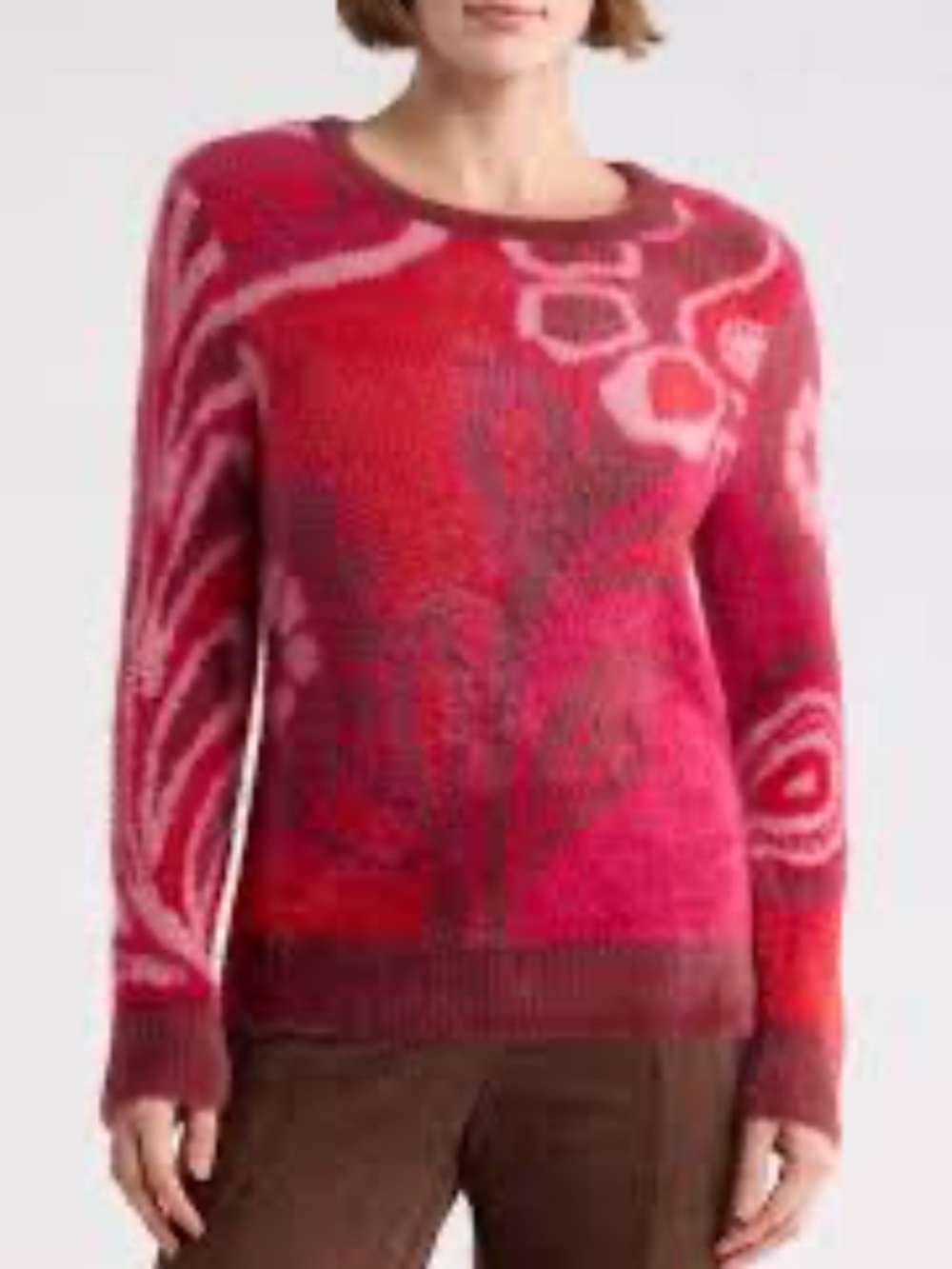 NEW T Tahari Bateau Neck Jacquard Sweater Red Floral L